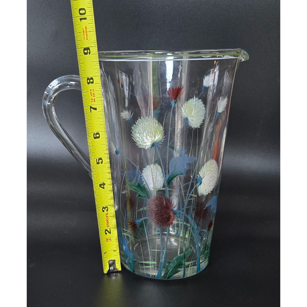 Vintage 1940s Glass Pitcher w/Hand Painted Clover, Floral Pitcher, Czech Glass, 8 cups