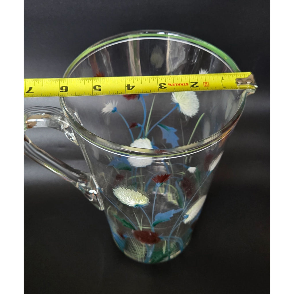 Vintage 1940s Glass Pitcher w/Hand Painted Clover, Floral Pitcher, Czech Glass, 8 cups