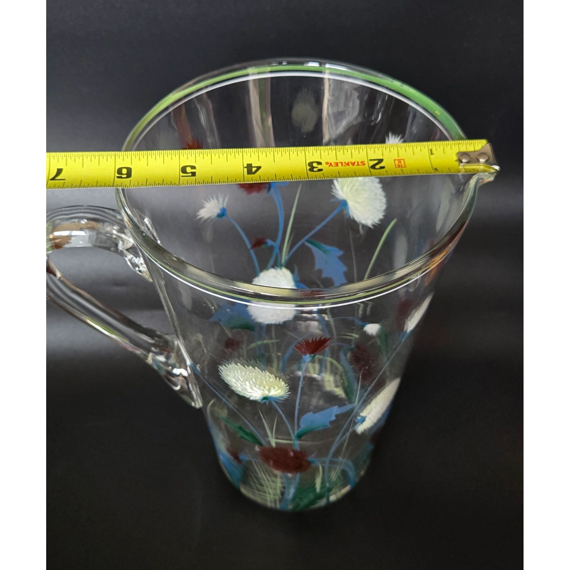 Vintage 1940s Glass Pitcher w/Hand Painted Clover, Floral Pitcher, Czech Glass, 8 cups