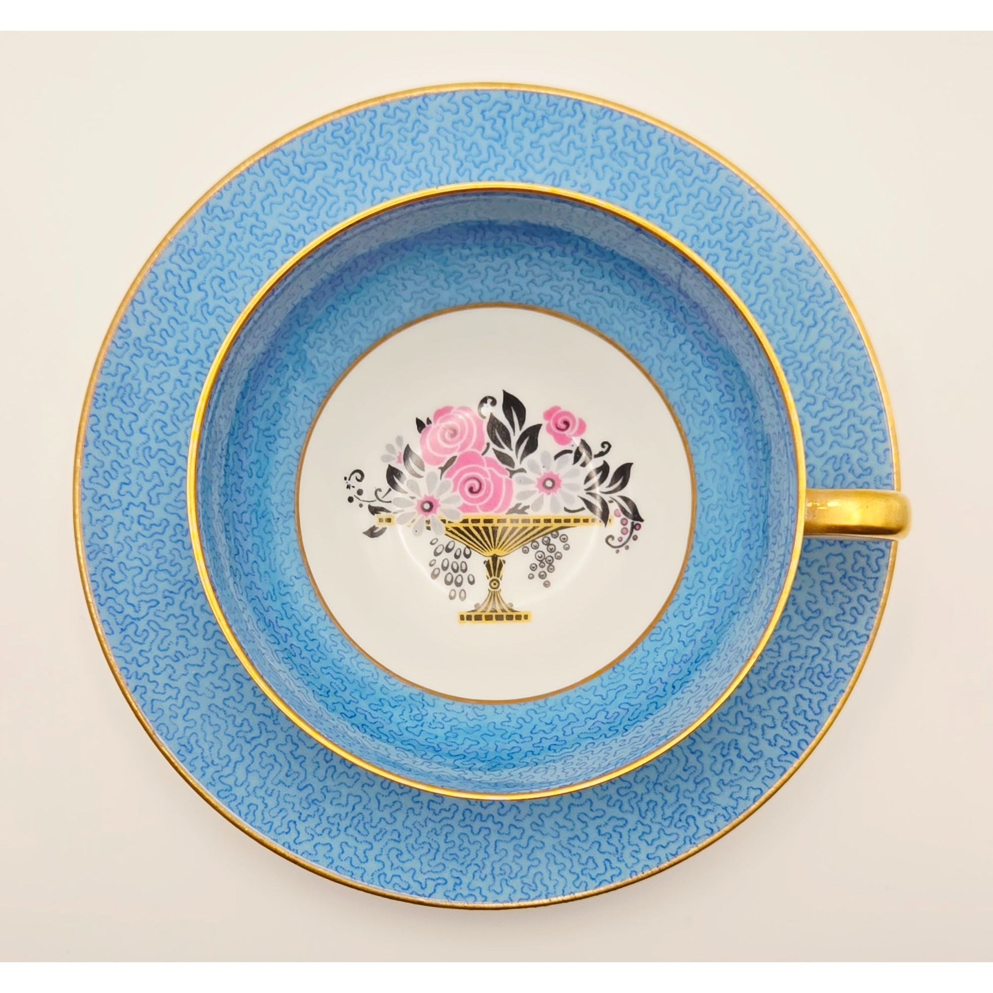 Ahrenfeldt Limoges Blue & Pink Tea Cup & Saucer Floral Made In France
