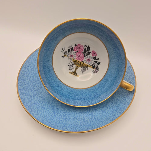 Ahrenfeldt Limoges Blue & Pink Tea Cup & Saucer Floral Made In France