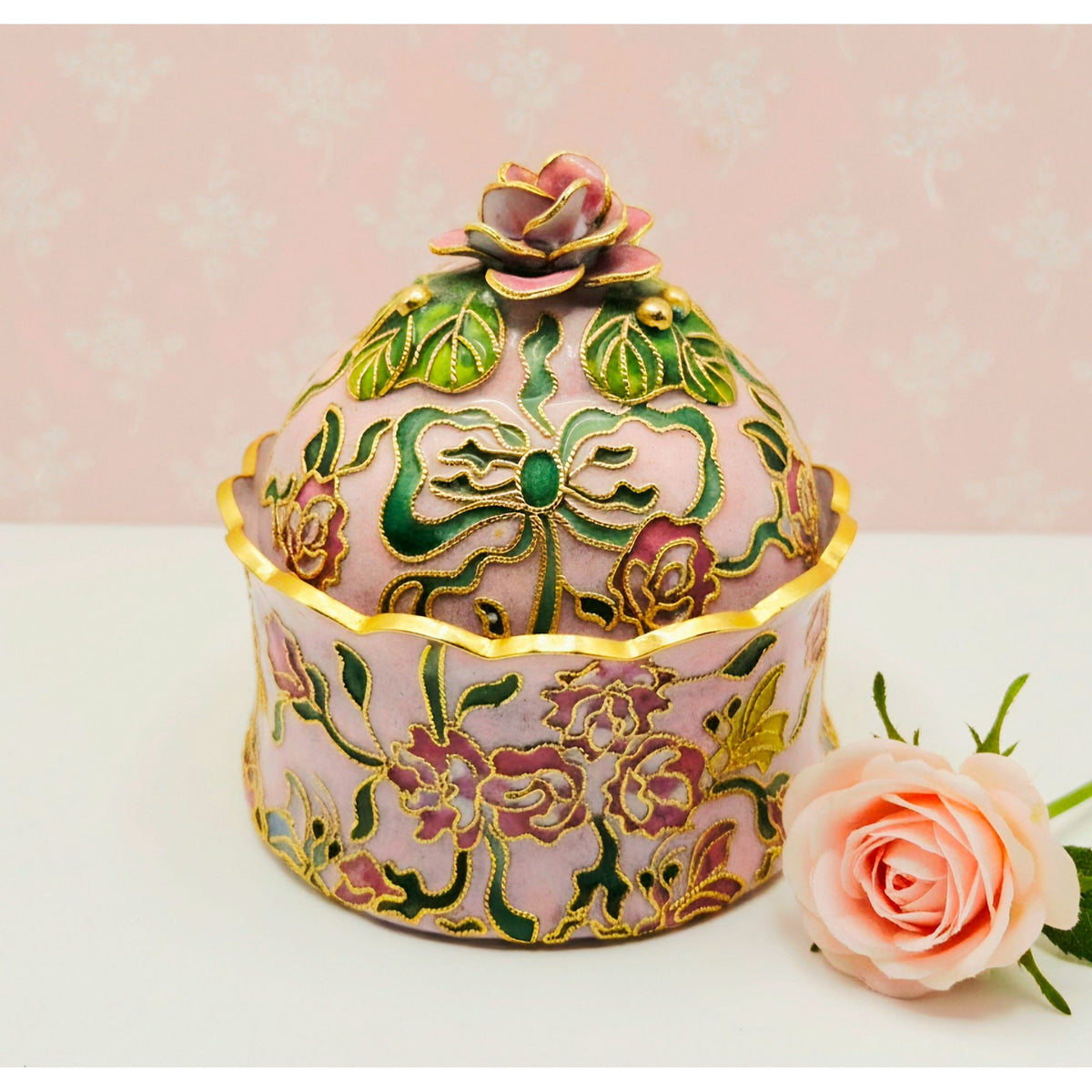 Enamel Cloisonné Trinket Box, Floral Design Gold Accents Pink Green Hand Painted
