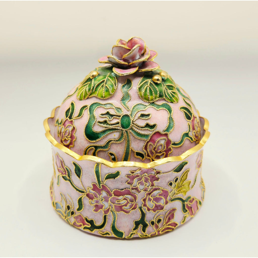 Enamel Cloisonné Trinket Box, Floral Design Gold Accents Pink Green Hand Painted