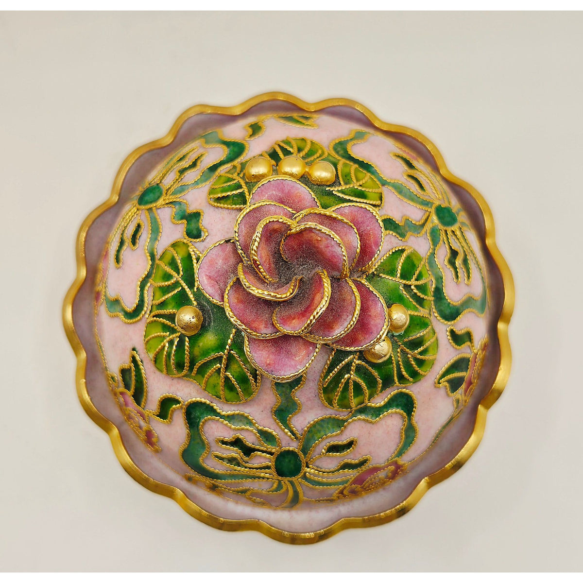 Enamel Cloisonné Trinket Box, Floral Design Gold Accents Pink Green Hand Painted