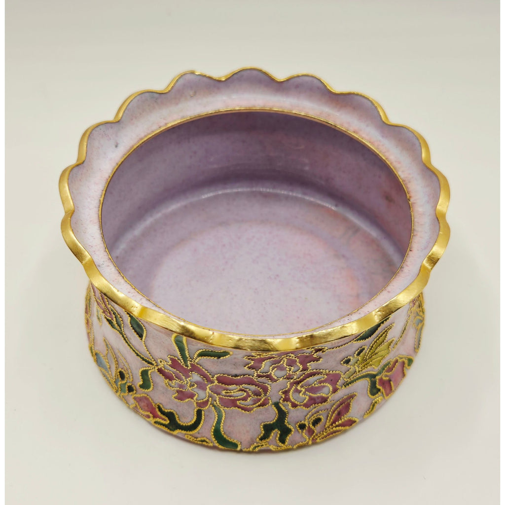 Enamel Cloisonné Trinket Box, Floral Design Gold Accents Pink Green Hand Painted