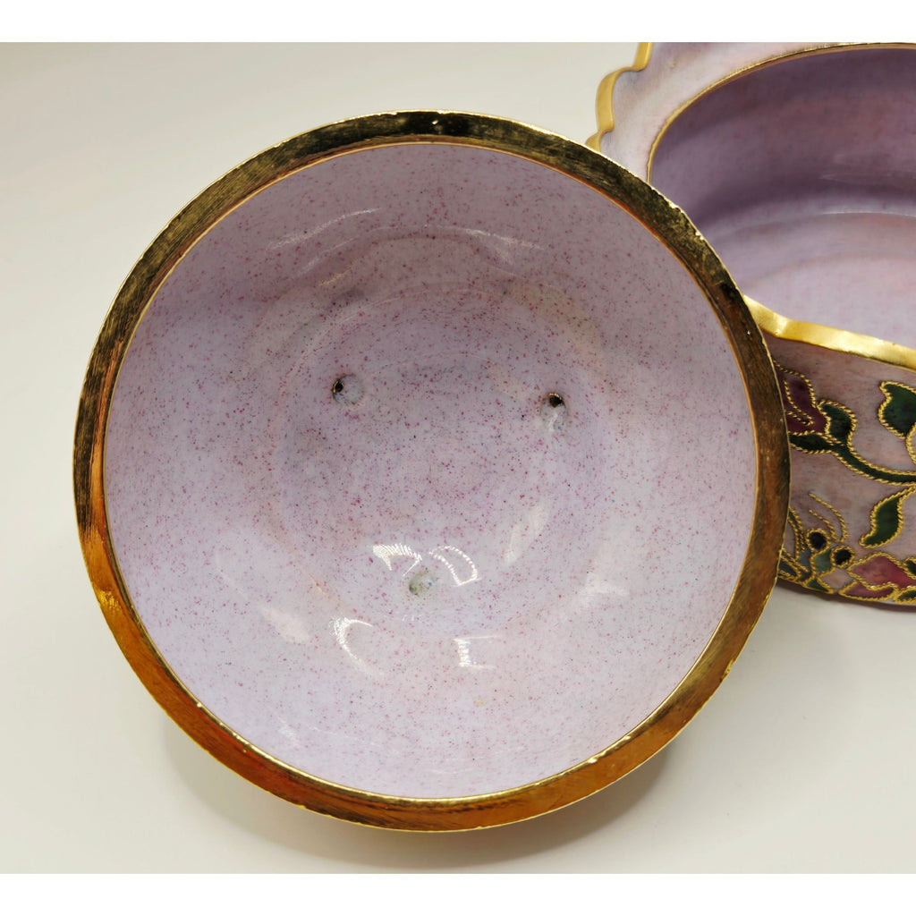 Enamel Cloisonné Trinket Box, Floral Design Gold Accents Pink Green Hand Painted