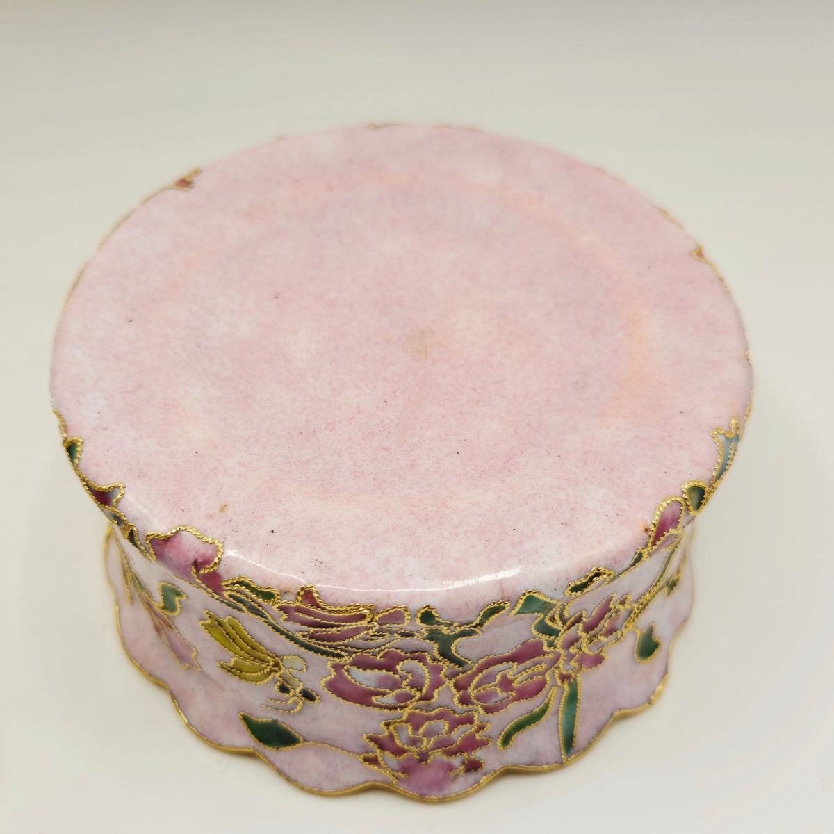 Enamel Cloisonné Trinket Box, Floral Design Gold Accents Pink Green Hand Painted