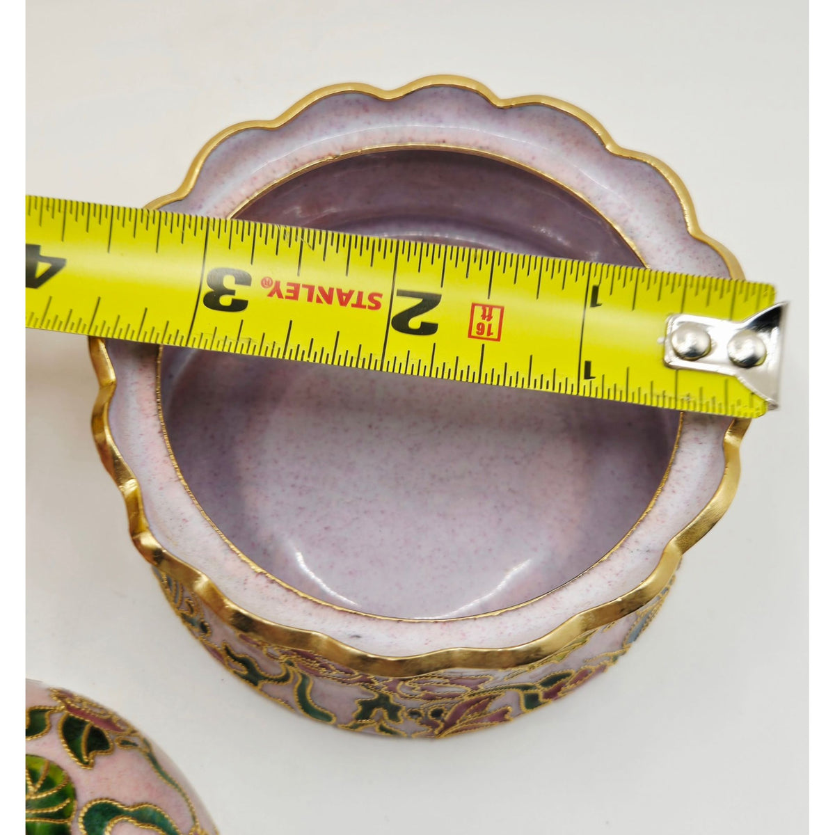 Enamel Cloisonné Trinket Box, Floral Design Gold Accents Pink Green Hand Painted