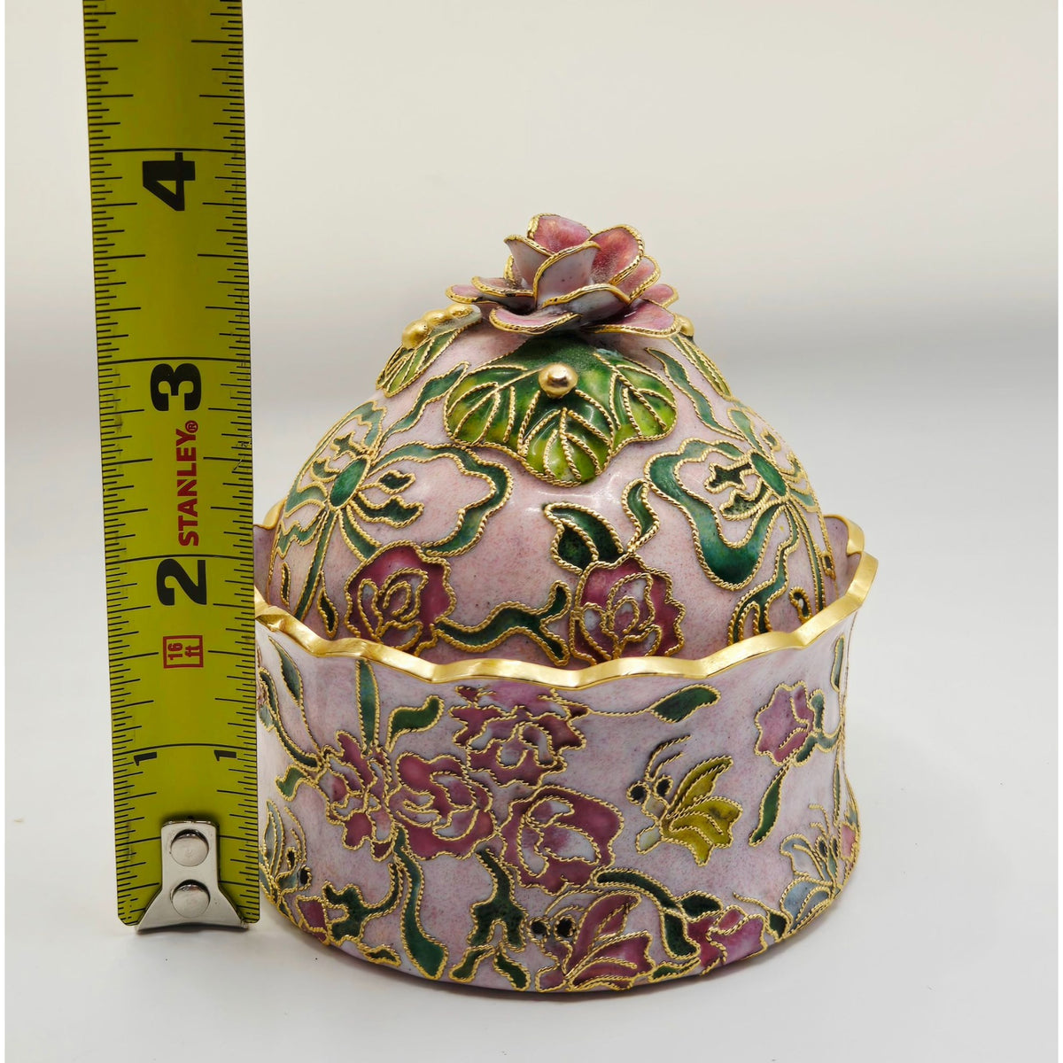 Enamel Cloisonné Trinket Box, Floral Design Gold Accents Pink Green Hand Painted