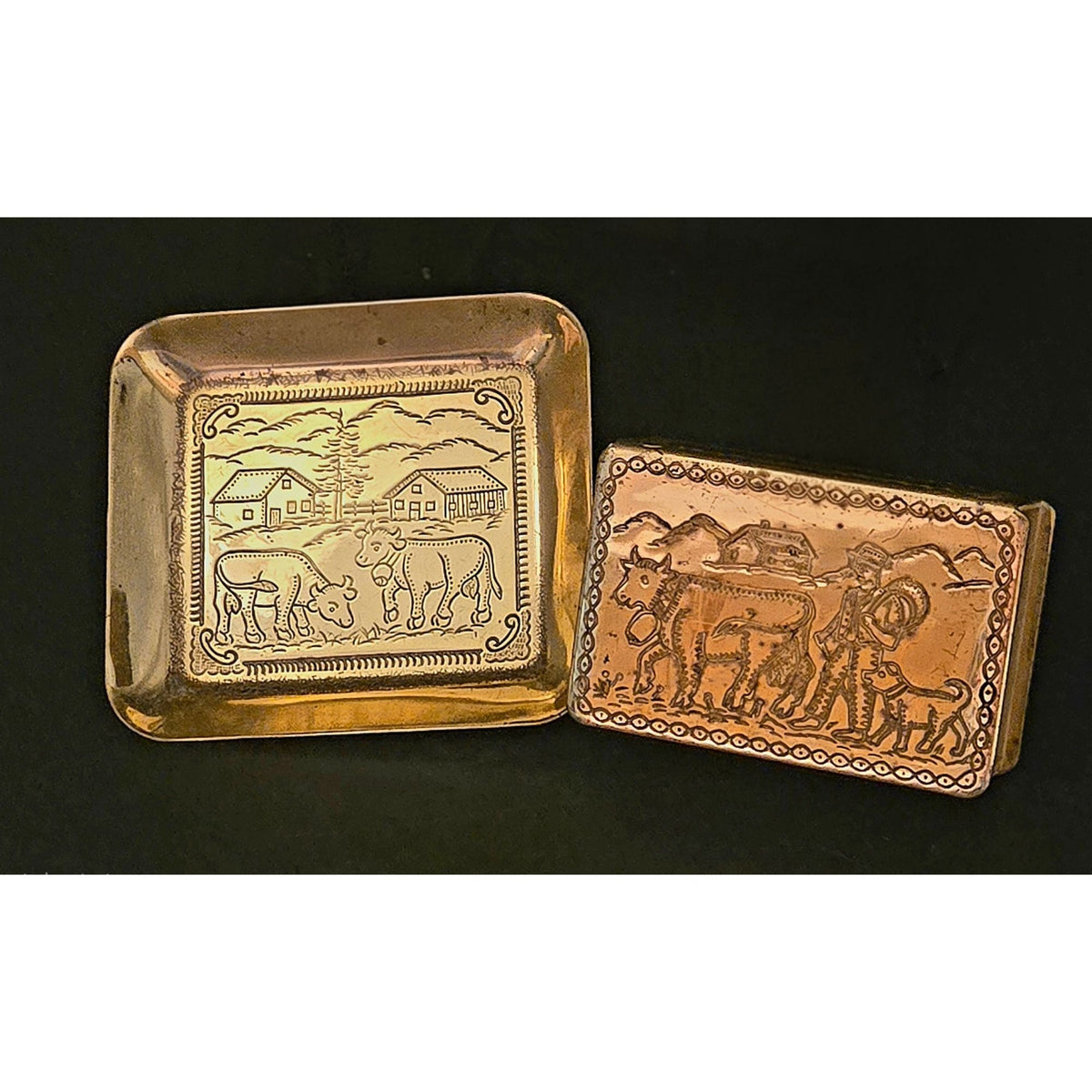 Brass Matchbox Holder & Tray Farm Scenes Hand-Engraved Set