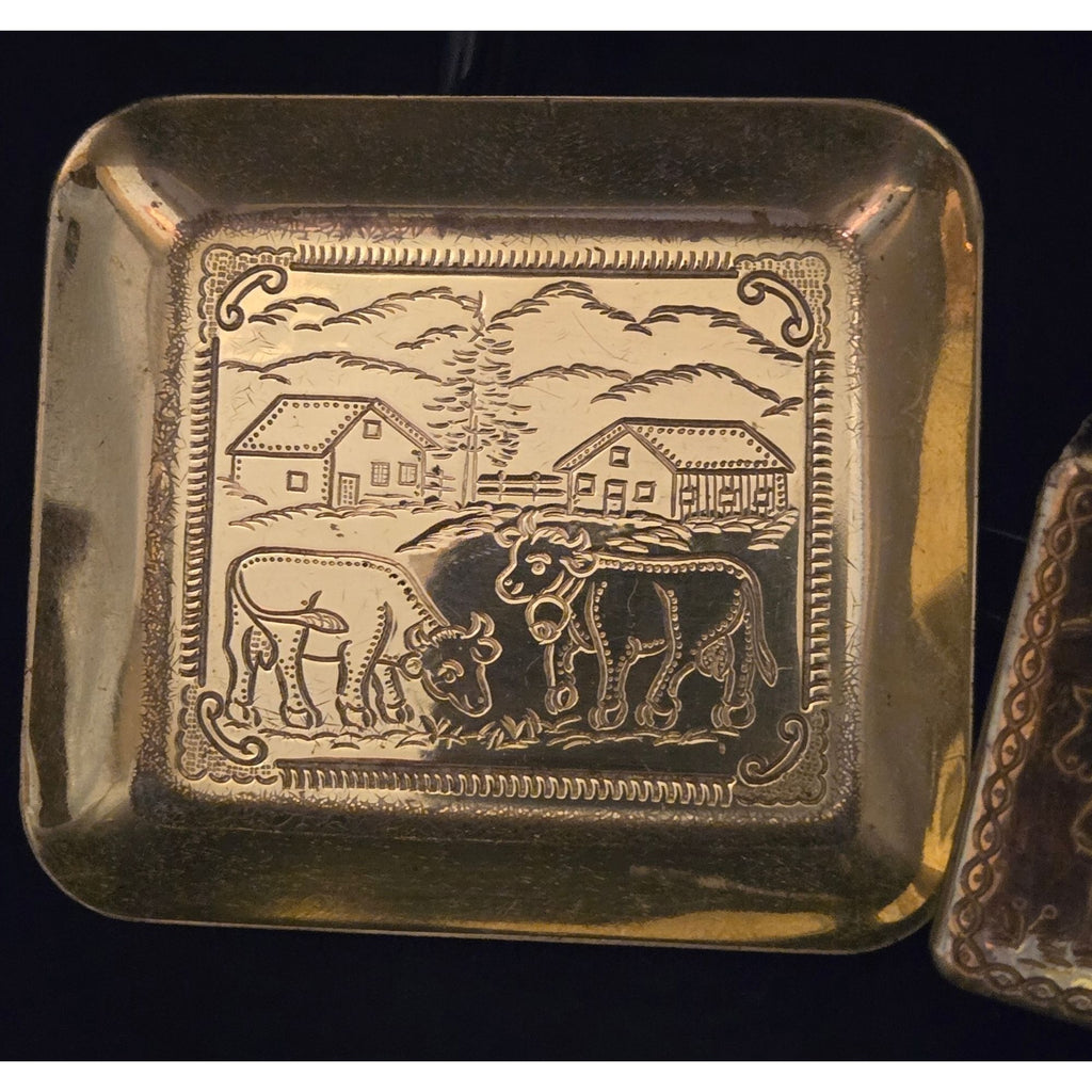 Brass Matchbox Holder & Tray Farm Scenes Hand-Engraved Set