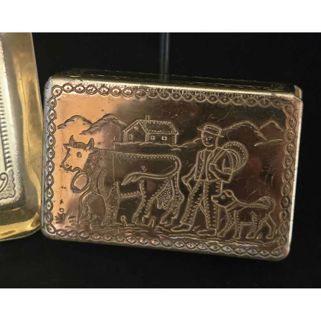 Brass Matchbox Holder & Tray Farm Scenes Hand-Engraved Set