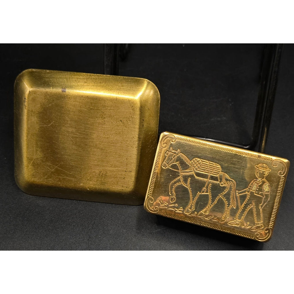 Brass Matchbox Holder & Tray Farm Scenes Hand-Engraved Set