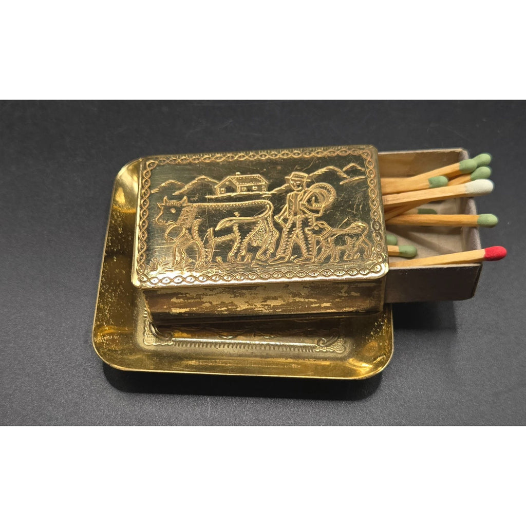 Brass Matchbox Holder & Tray Farm Scenes Hand-Engraved Set