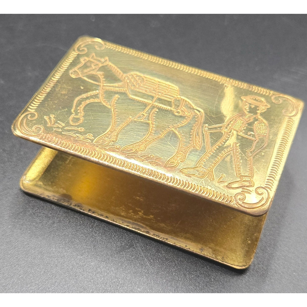 Brass Matchbox Holder & Tray Farm Scenes Hand-Engraved Set