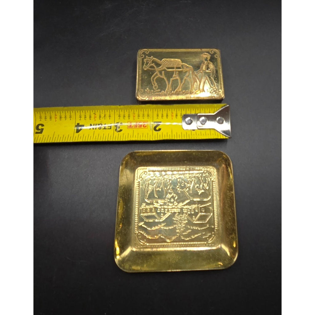 Brass Matchbox Holder & Tray Farm Scenes Hand-Engraved Set