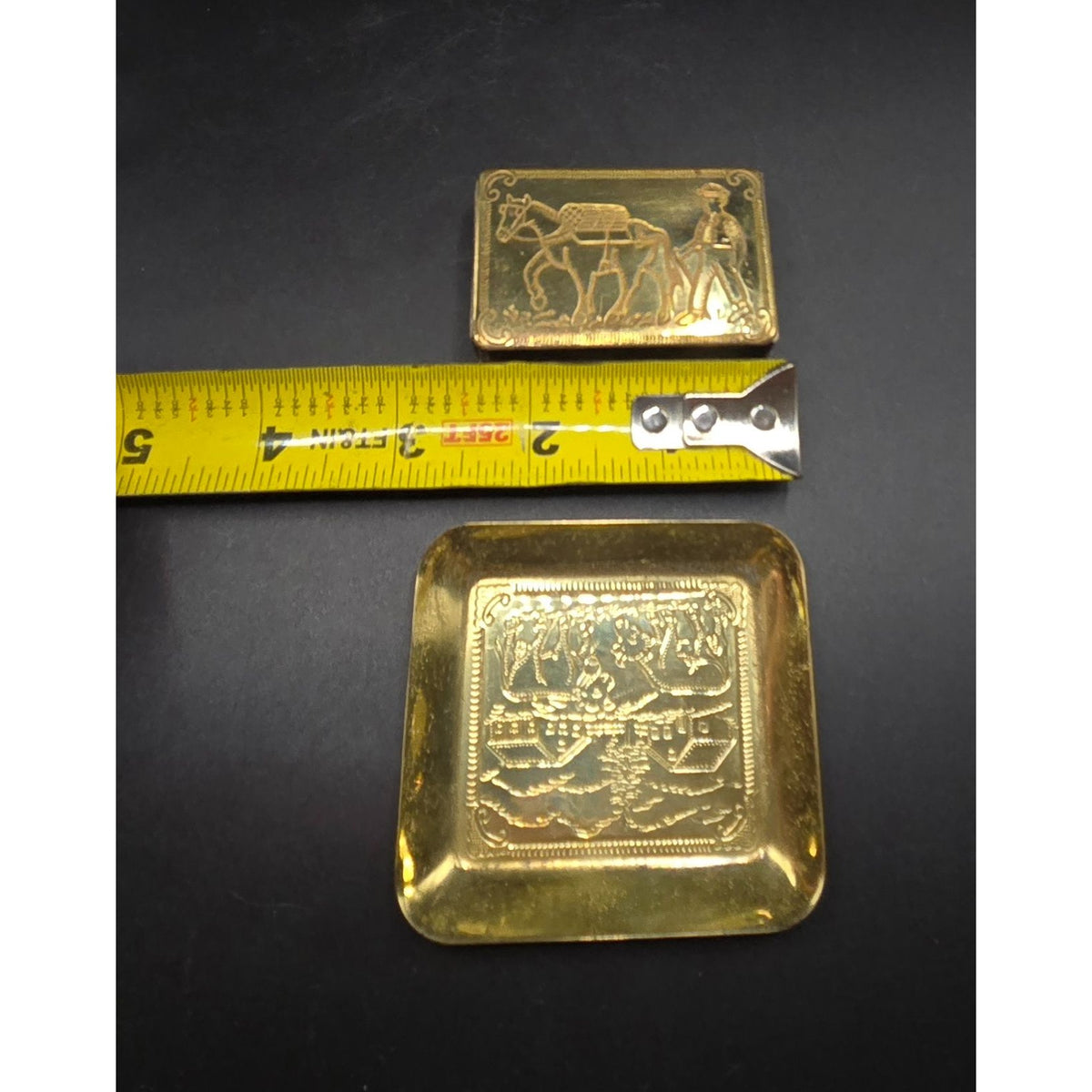 Brass Matchbox Holder & Tray Farm Scenes Hand-Engraved Set