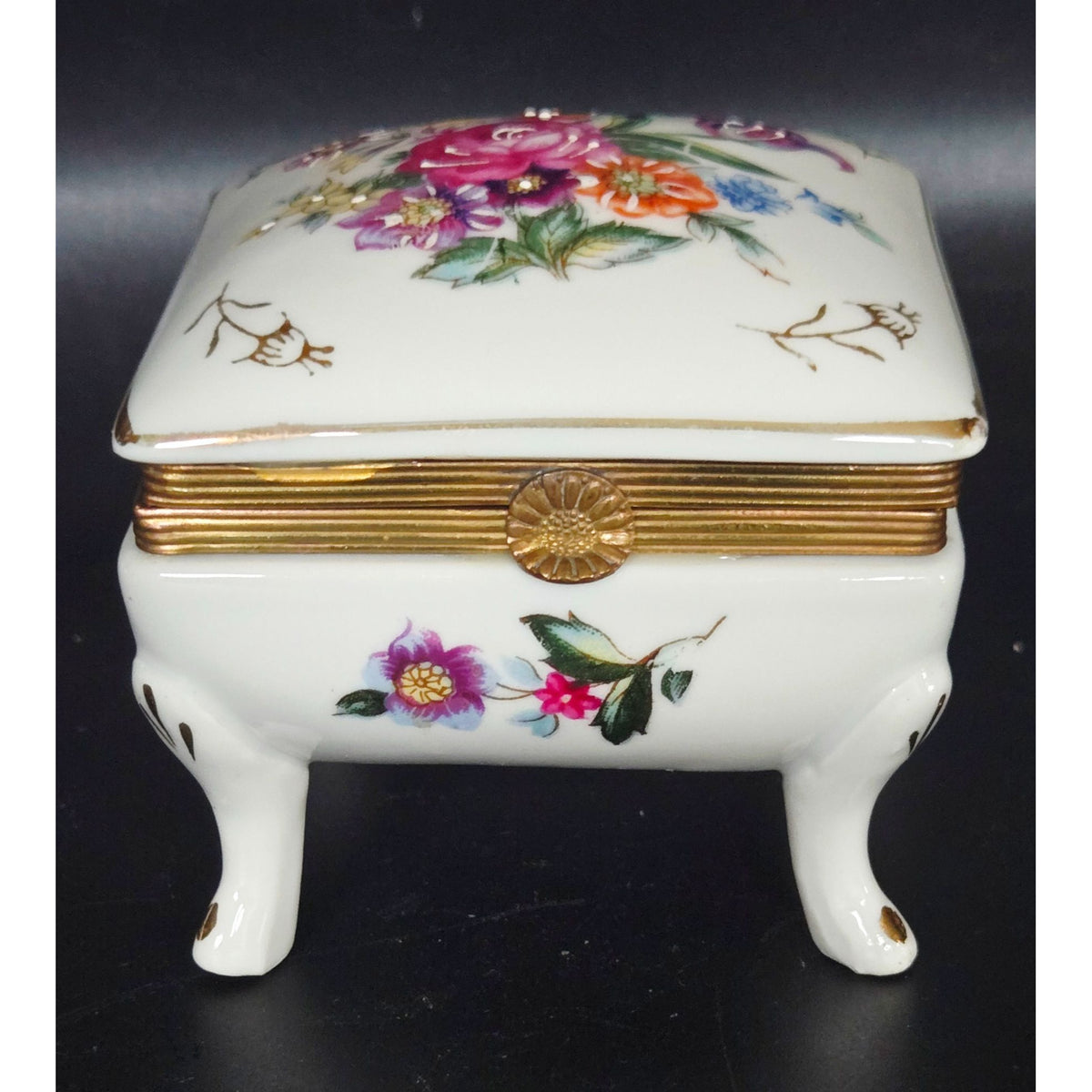 Vintage Porcelain Floral Hinged Trinket Box With Gold Accents & Butterfly Interior Design