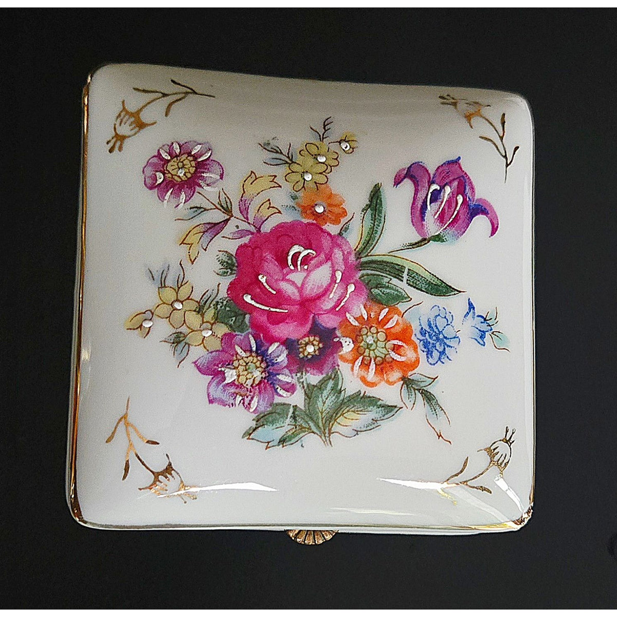 Vintage Porcelain Floral Hinged Trinket Box With Gold Accents & Butterfly Interior Design