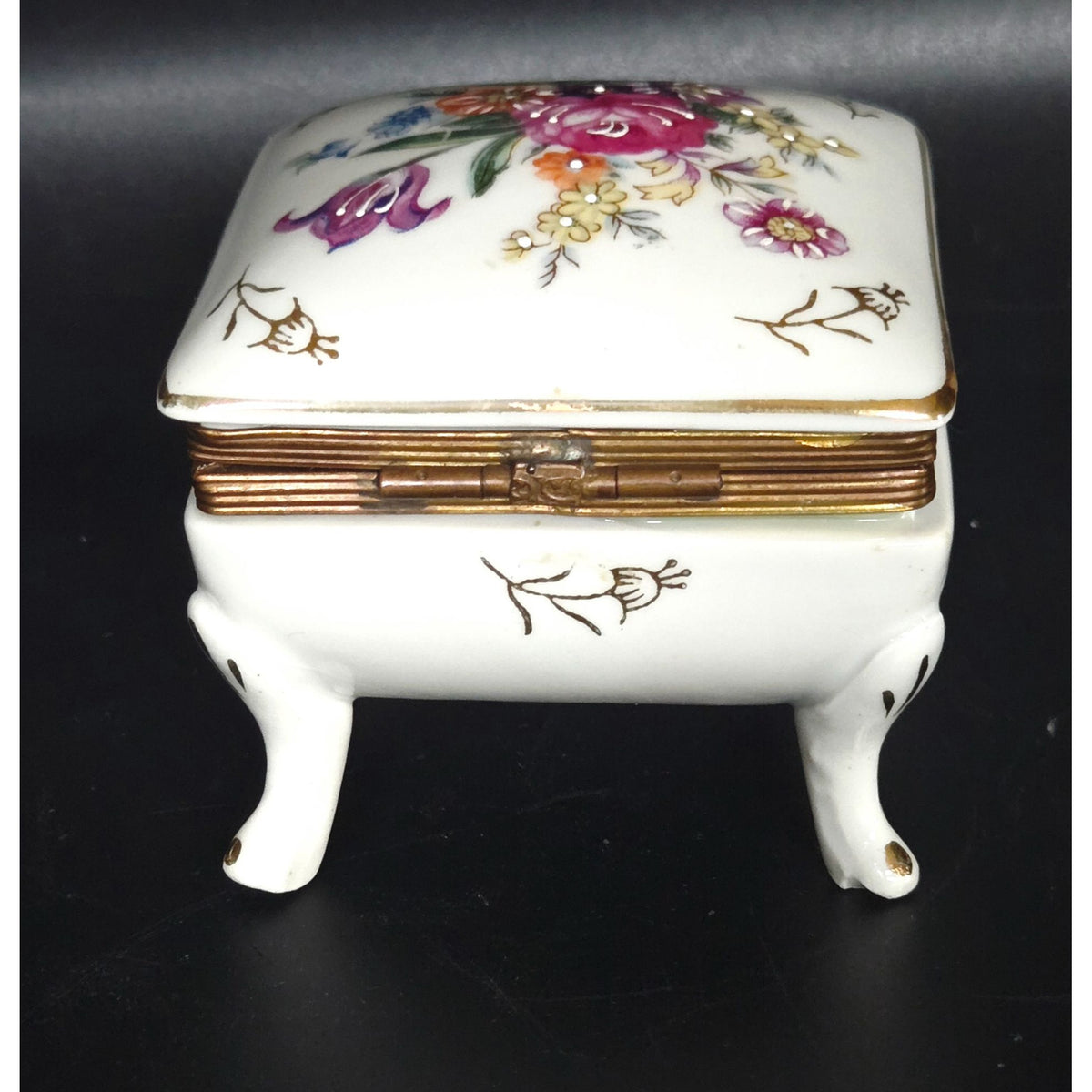 Vintage Porcelain Floral Hinged Trinket Box With Gold Accents & Butterfly Interior Design