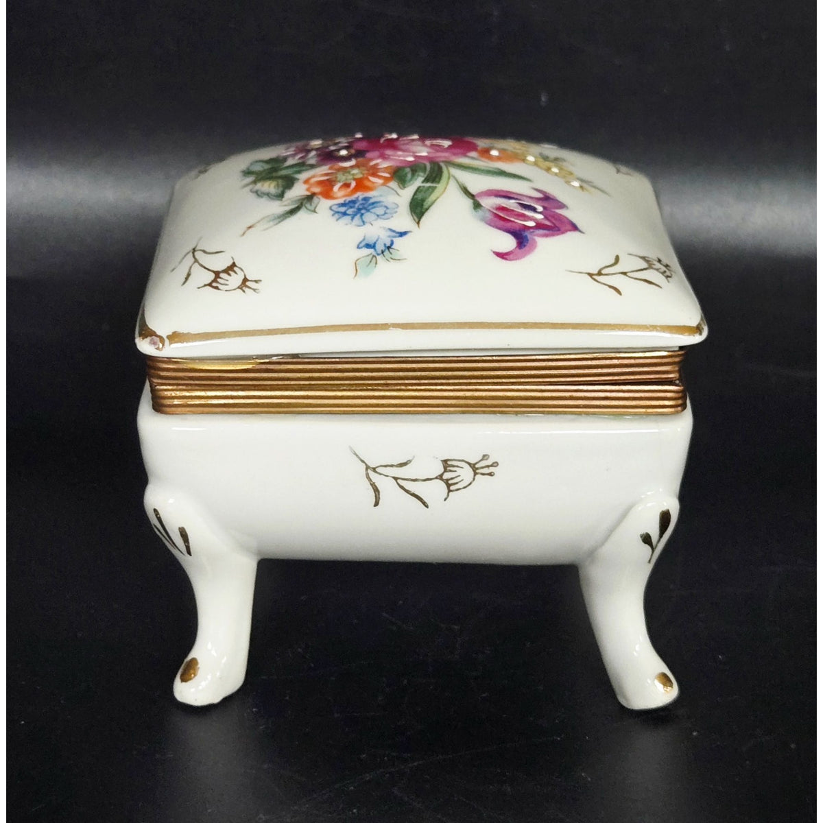 Vintage Porcelain Floral Hinged Trinket Box With Gold Accents & Butterfly Interior Design