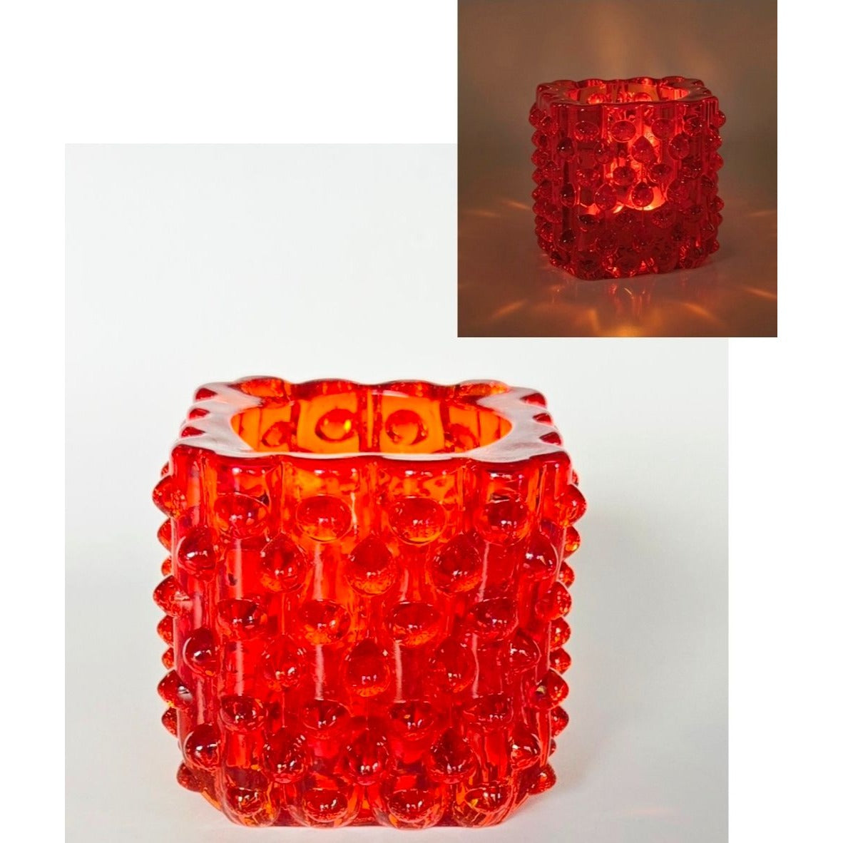 Mid-Century Fenton Glass Red, Amberina Glass Hobnail Candle Holder 2.5" Tall Cube Design Vibrant