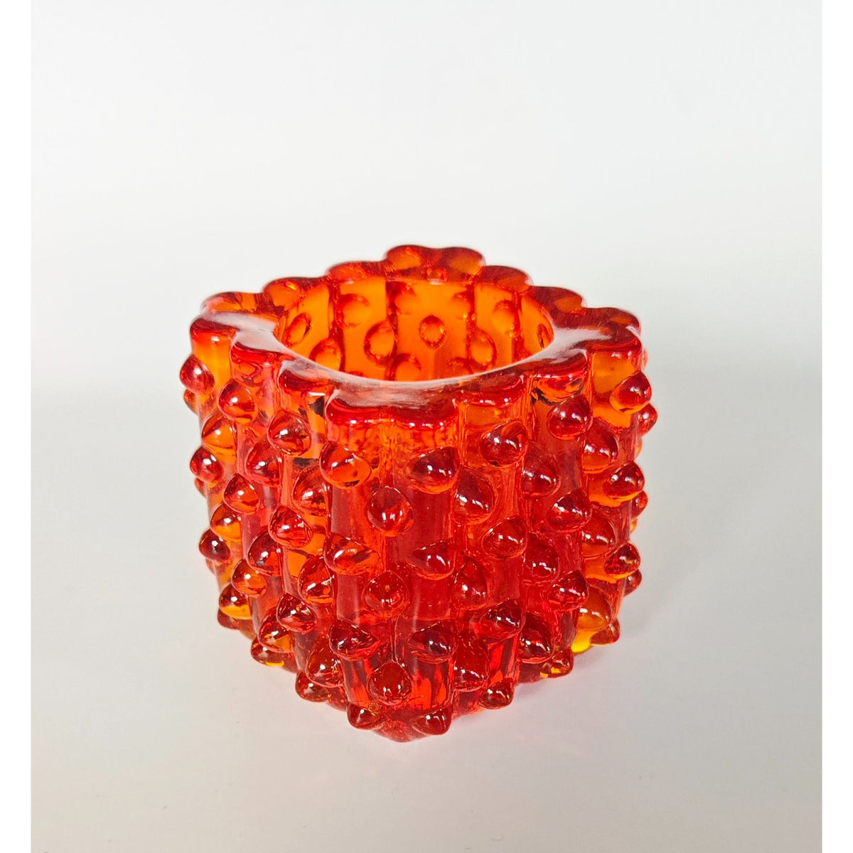 Mid-Century Fenton Glass Red, Amberina Glass Hobnail Candle Holder 2.5" Tall Cube Design Vibrant