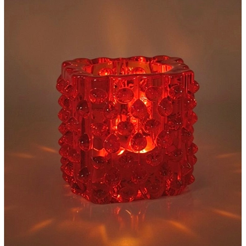 Mid-Century Fenton Glass Red, Amberina Glass Hobnail Candle Holder 2.5" Tall Cube Design Vibrant