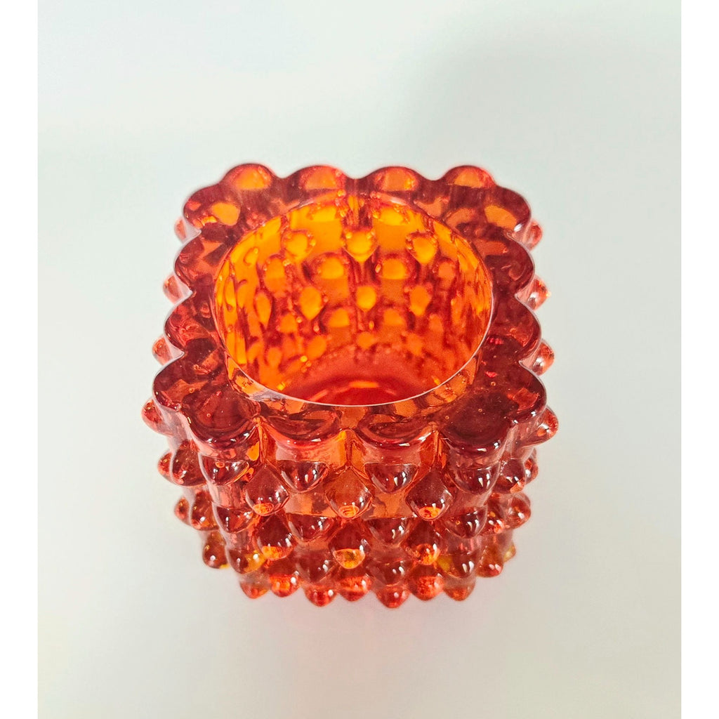 Mid-Century Fenton Glass Red, Amberina Glass Hobnail Candle Holder 2.5" Tall Cube Design Vibrant