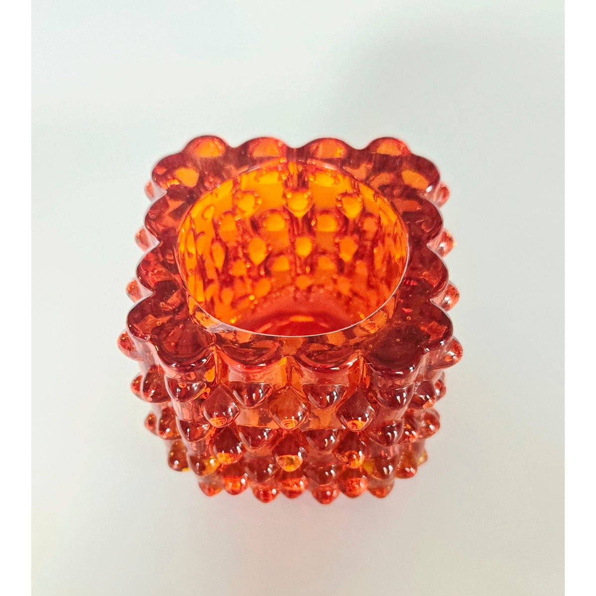 Mid-Century Fenton Glass Red, Amberina Glass Hobnail Candle Holder 2.5" Tall Cube Design Vibrant