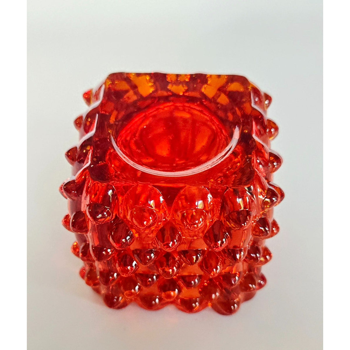 Mid-Century Fenton Glass Red, Amberina Glass Hobnail Candle Holder 2.5" Tall Cube Design Vibrant
