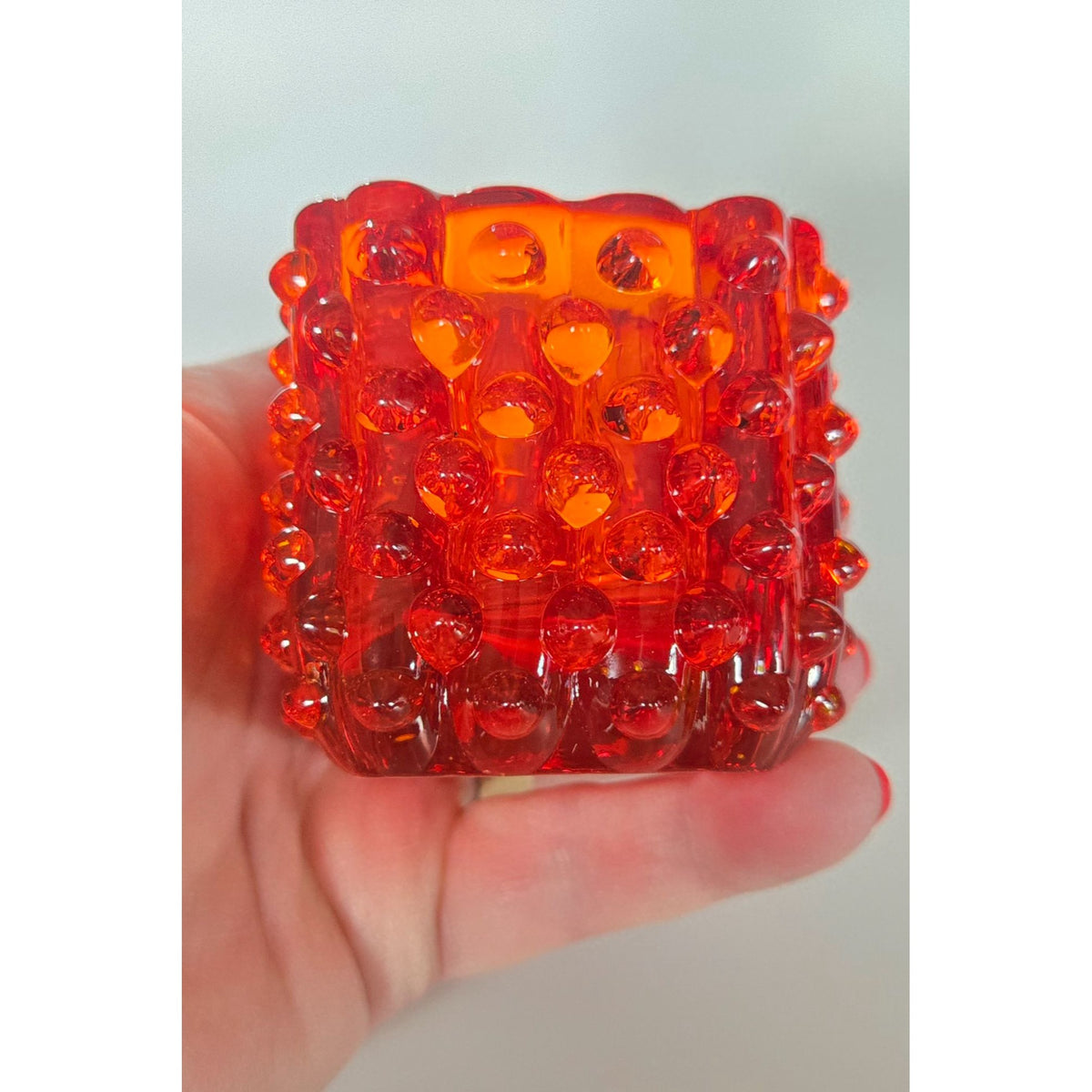 Mid-Century Fenton Glass Red, Amberina Glass Hobnail Candle Holder 2.5" Tall Cube Design Vibrant