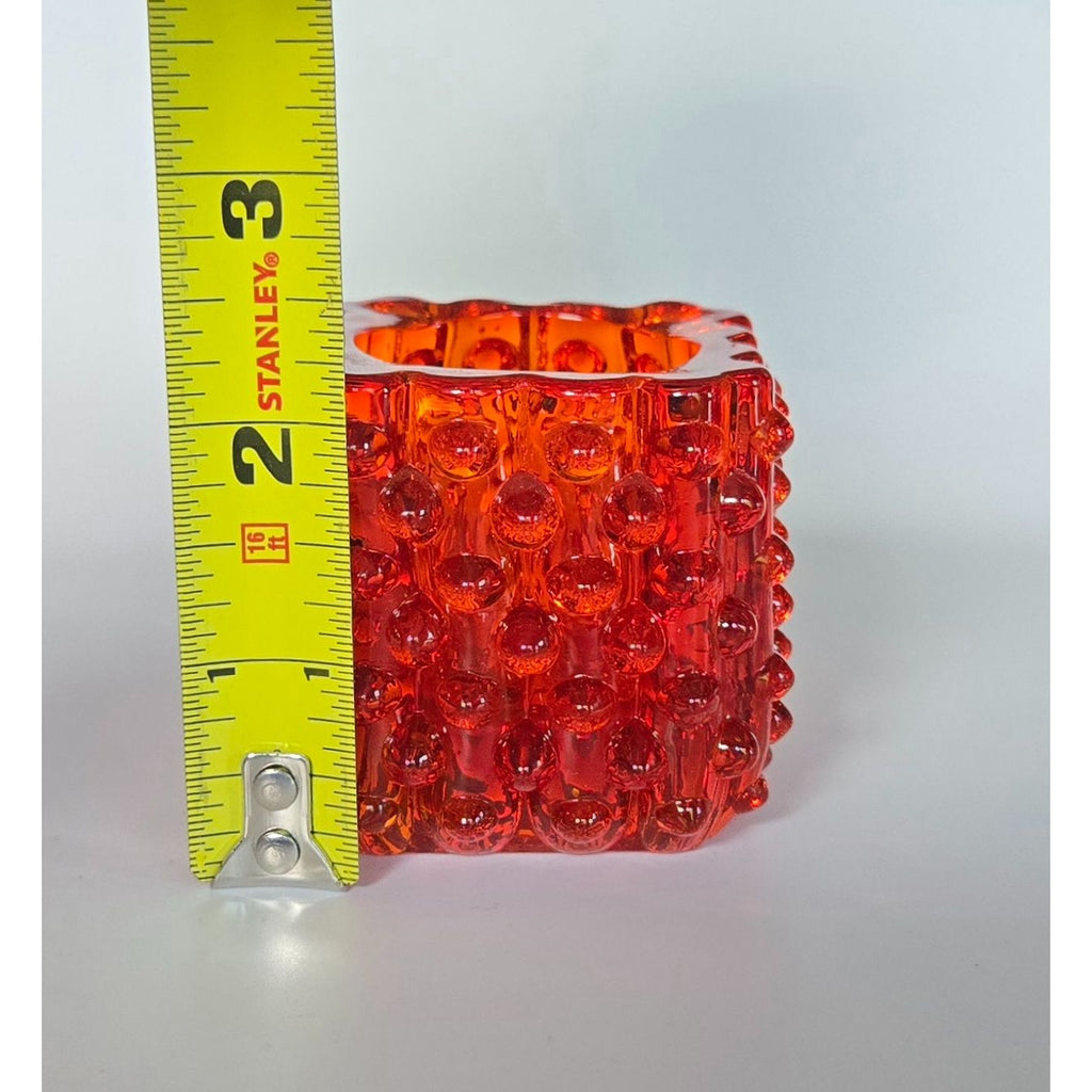 Mid-Century Fenton Glass Red, Amberina Glass Hobnail Candle Holder 2.5" Tall Cube Design Vibrant