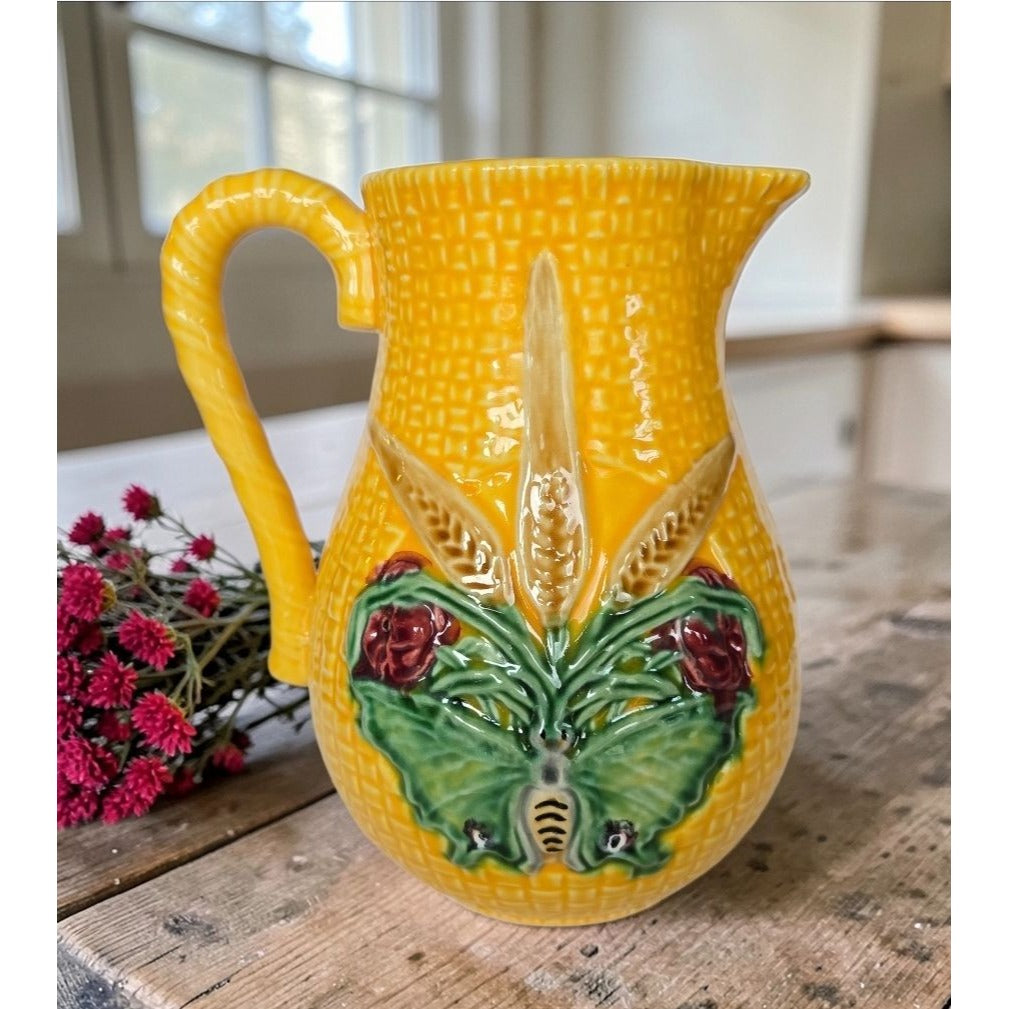 Vintage Bordallo Pinheiro Yellow Pitcher W/ Butterfly, Portugal