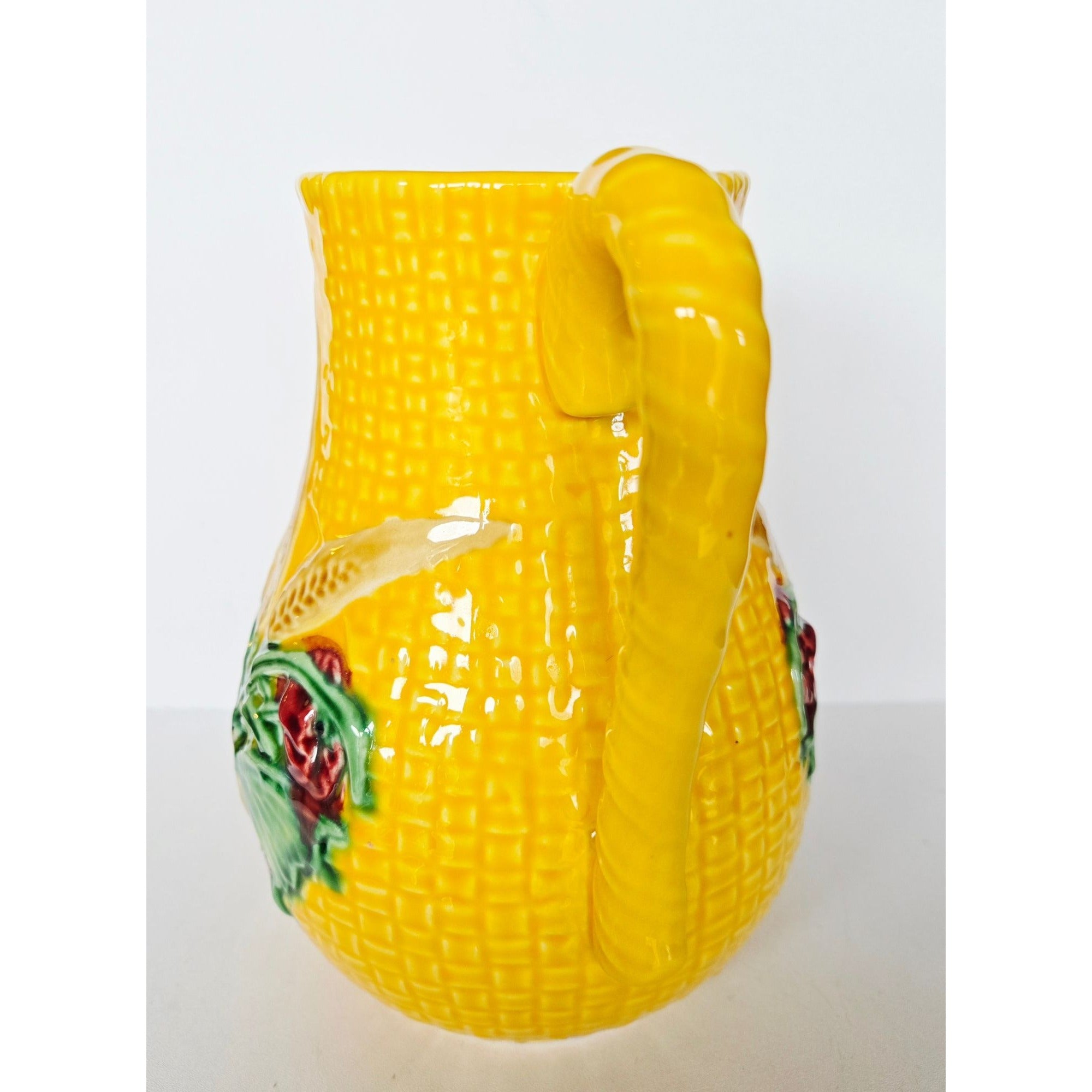 Vintage Bordallo Pinheiro Yellow Pitcher W/ Butterfly, Portugal