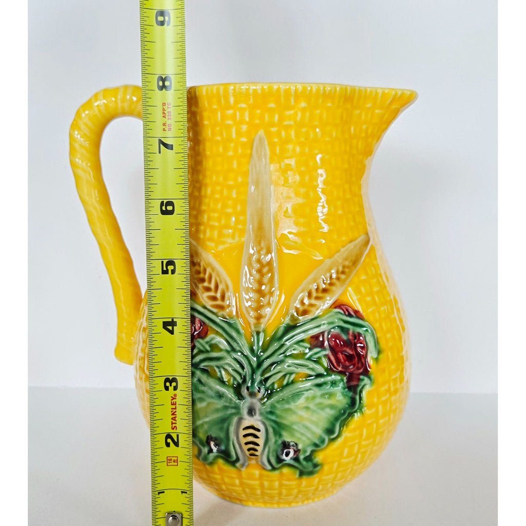 Vintage Bordallo Pinheiro Yellow Pitcher W/ Butterfly, Portugal