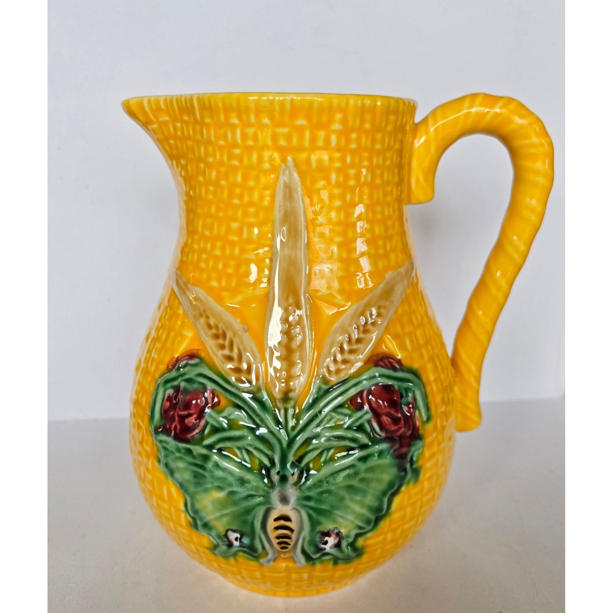 Vintage Bordallo Pinheiro Yellow Pitcher W/ Butterfly, Portugal