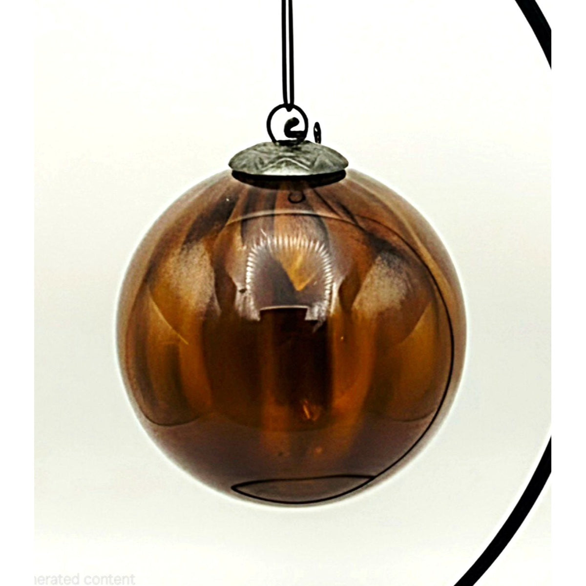 Vintage Large Brown Swirled Glass Kugel Ornament Bronze Metal Cap