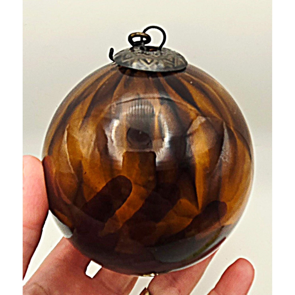 Vintage Large Brown Swirled Glass Kugel Ornament Bronze Metal Cap