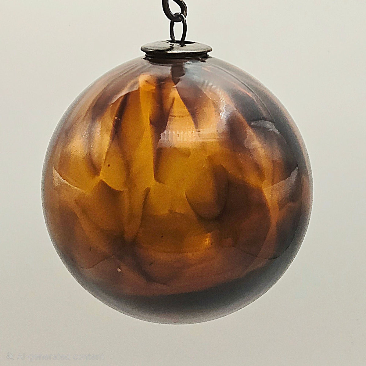 Vintage Large Brown Swirled Glass Kugel Ornament Bronze Metal Cap