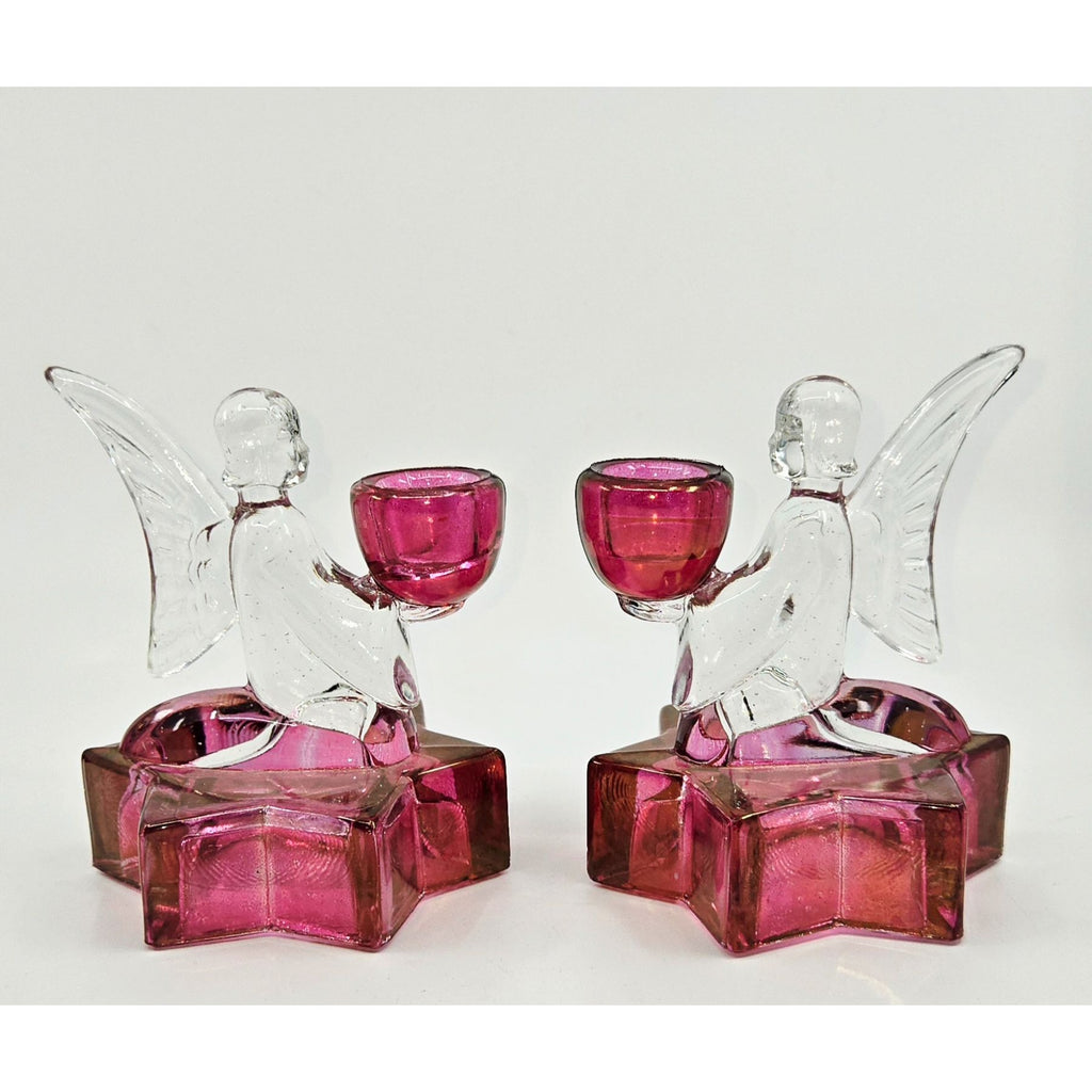 LE Smith Cranberry & Clear Angel & Stars candlestick holders
