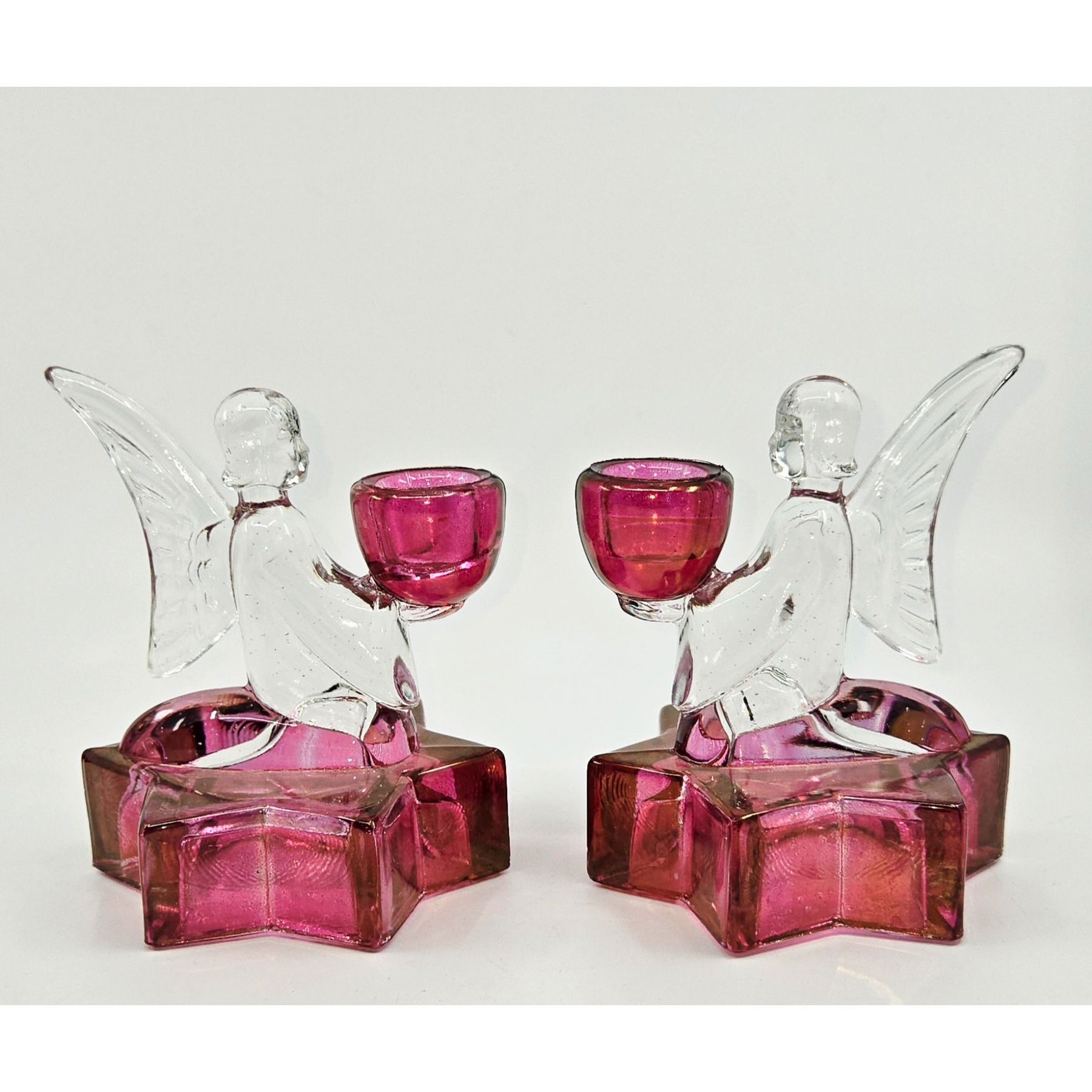LE Smith Cranberry & Clear Angel & Stars candlestick holders