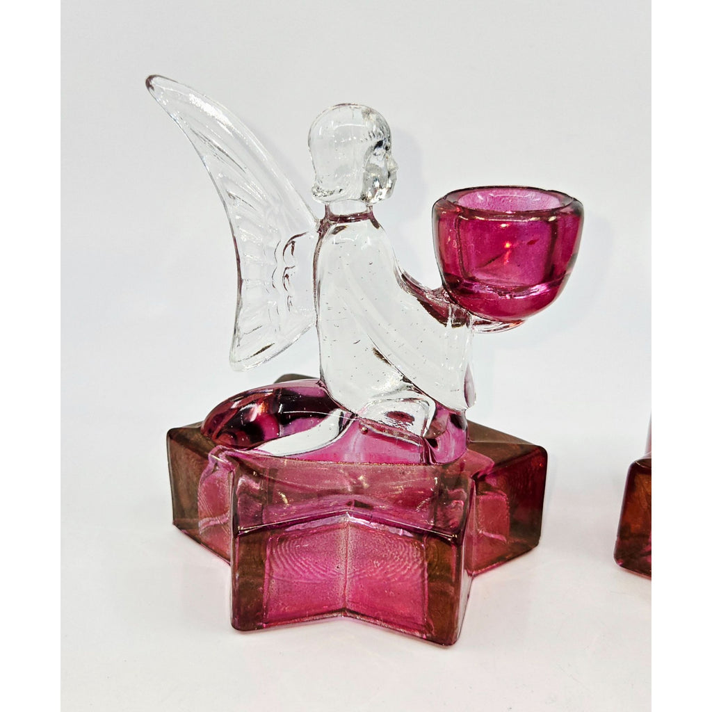 LE Smith Cranberry & Clear Angel & Stars candlestick holders
