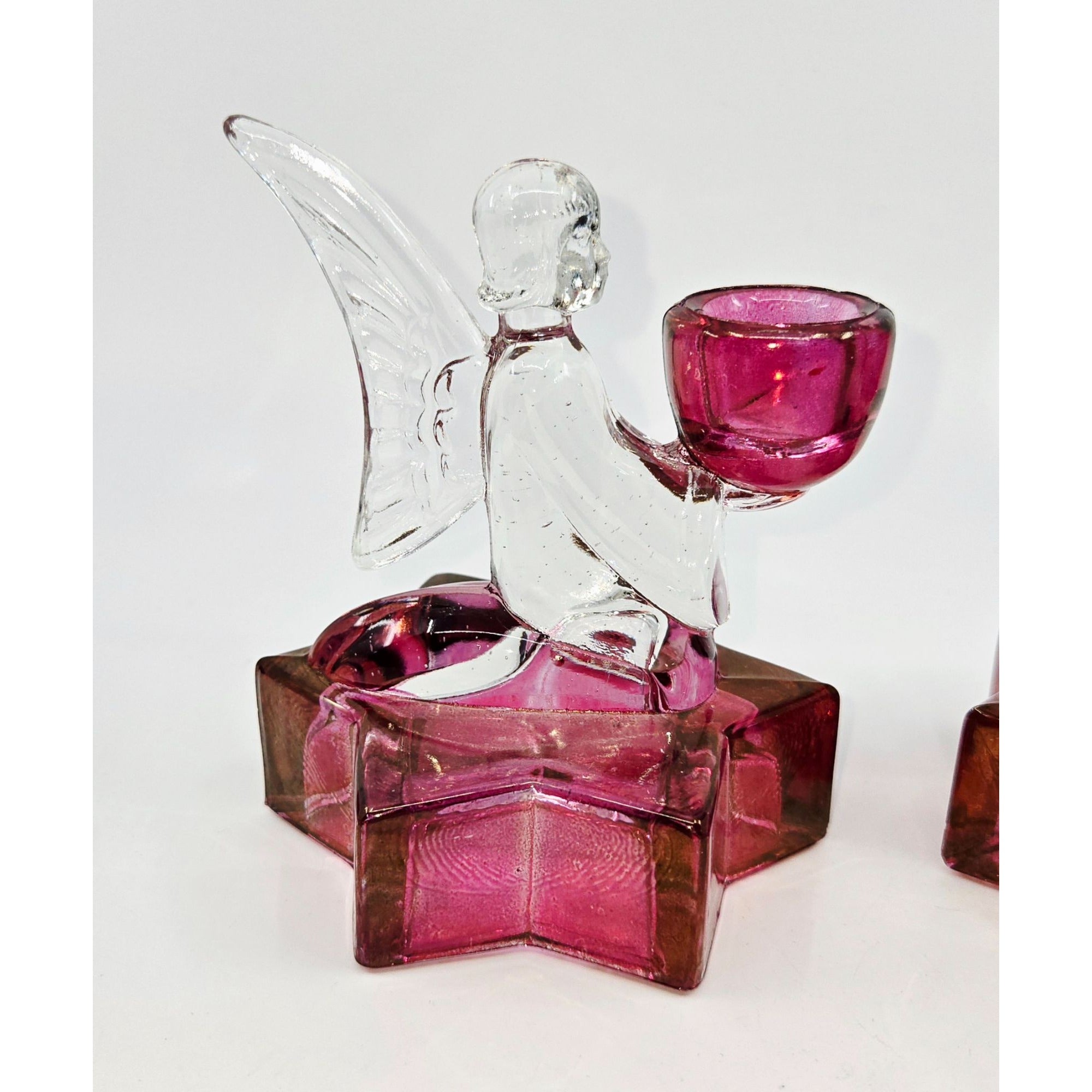 LE Smith Cranberry & Clear Angel & Stars candlestick holders