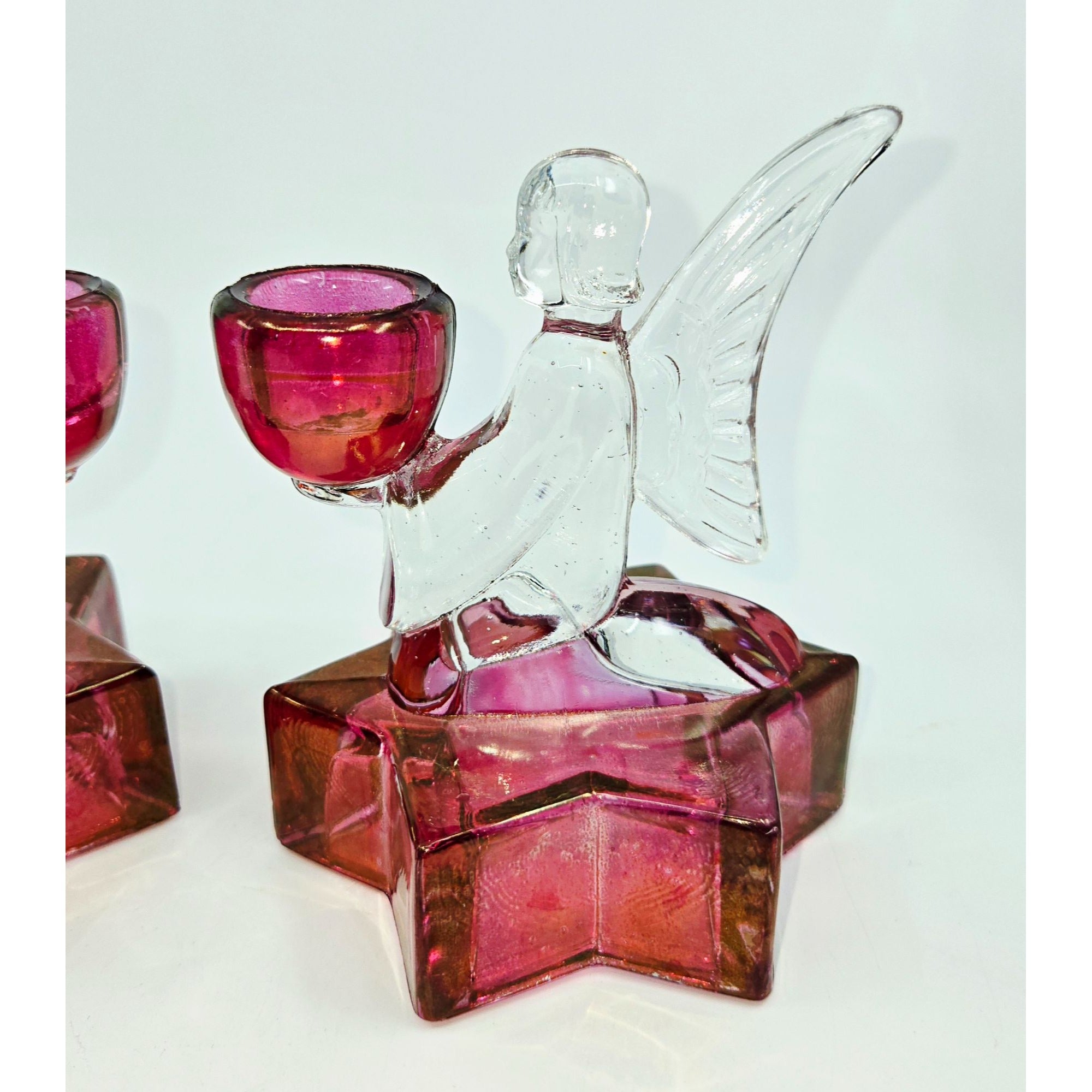 LE Smith Cranberry & Clear Angel & Stars candlestick holders