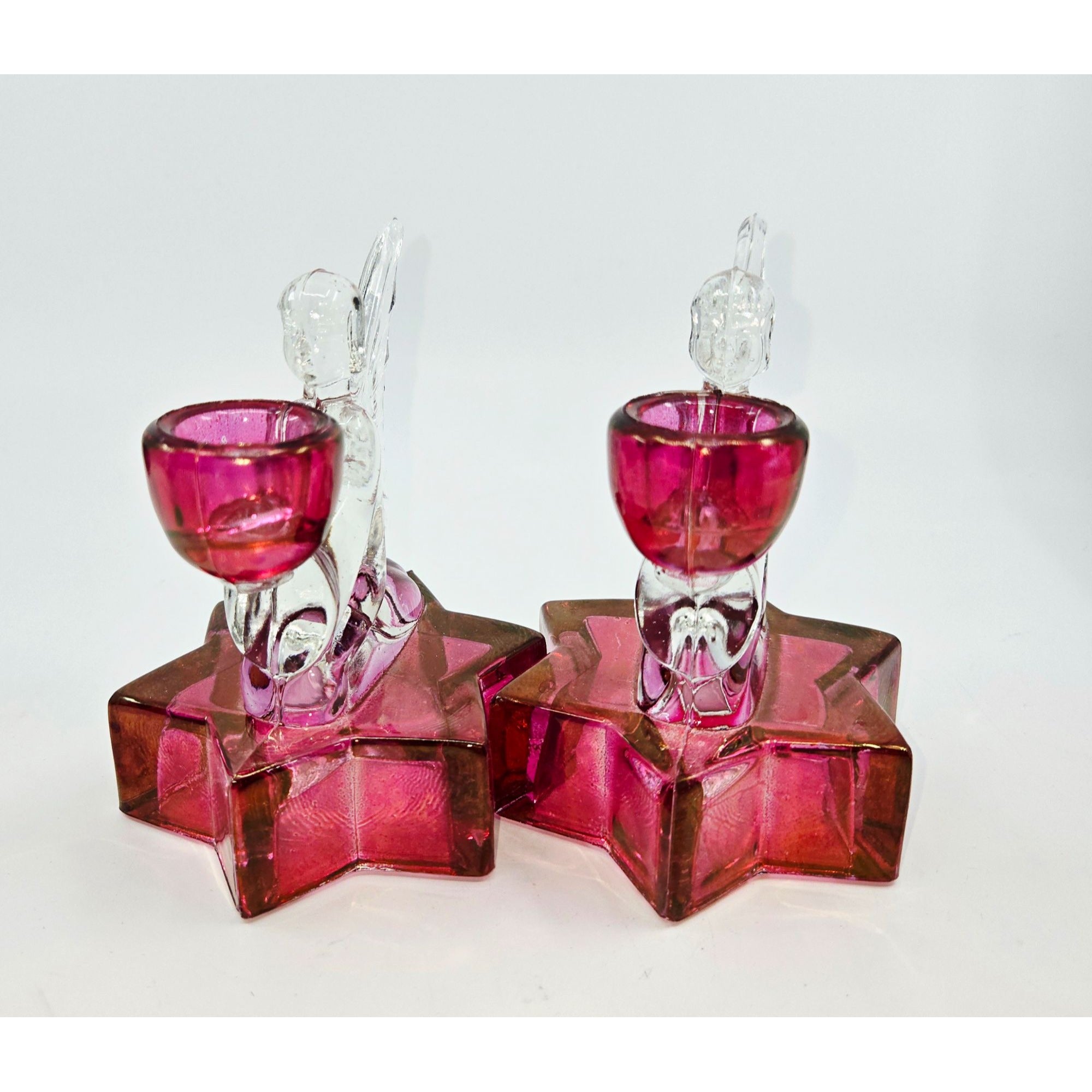 LE Smith Cranberry & Clear Angel & Stars candlestick holders