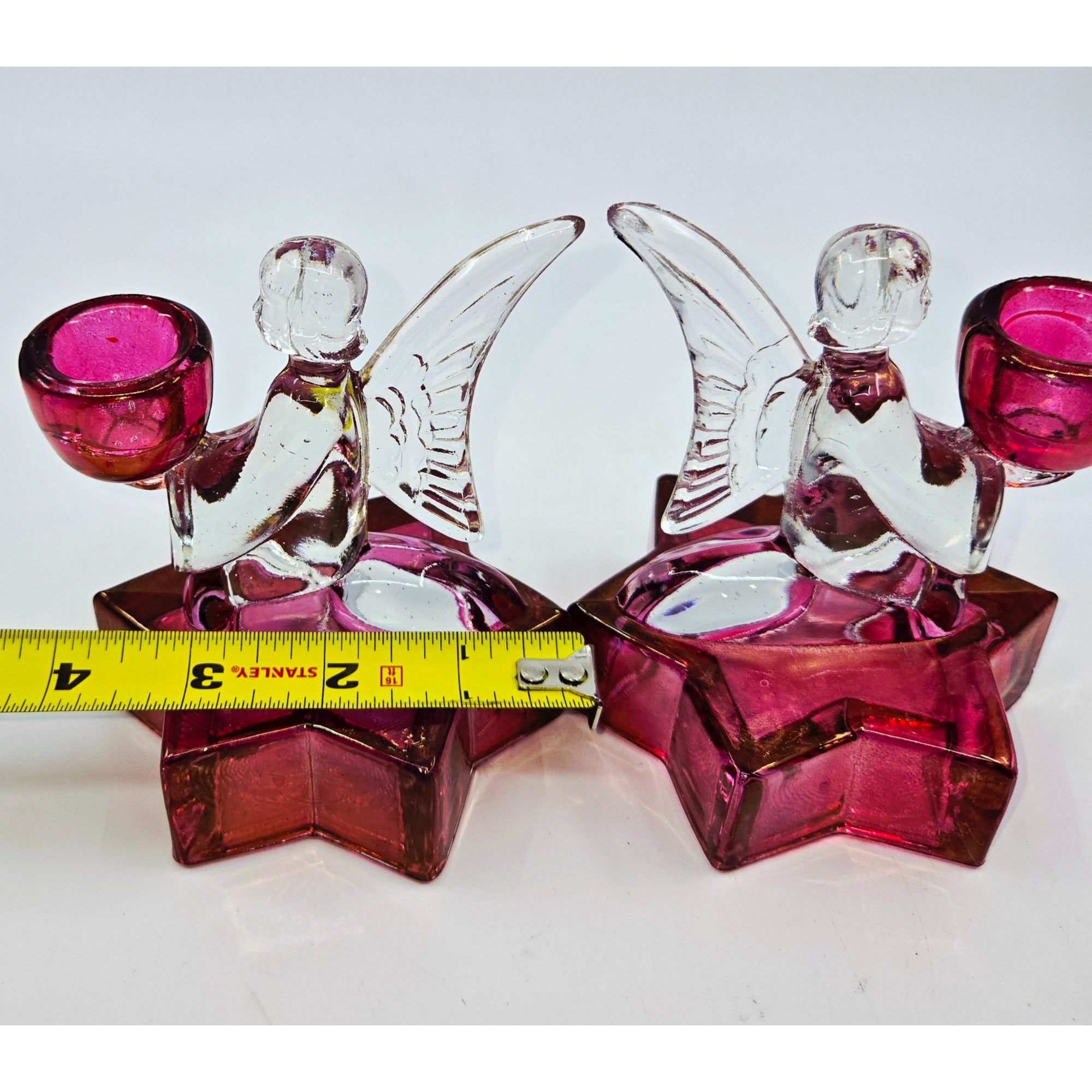 LE Smith Cranberry & Clear Angel & Stars candlestick holders