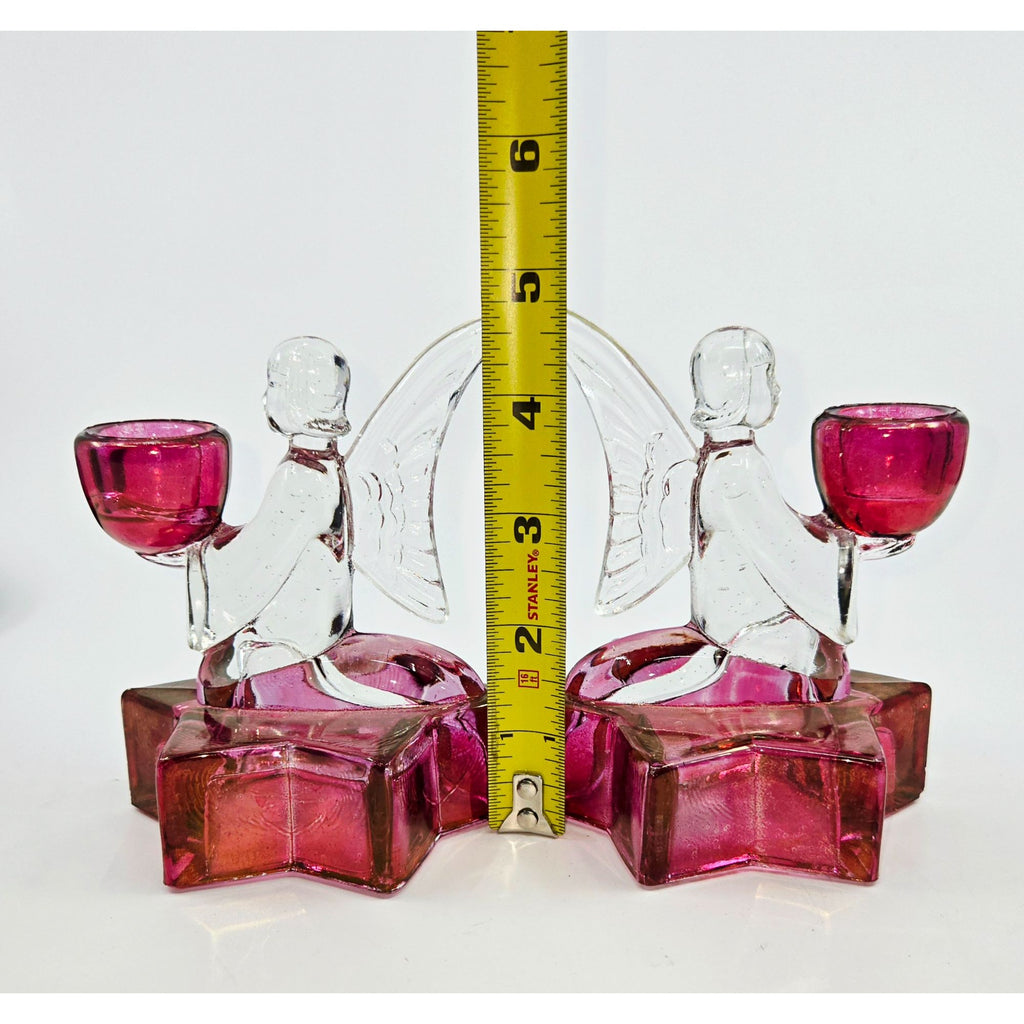LE Smith Cranberry & Clear Angel & Stars candlestick holders