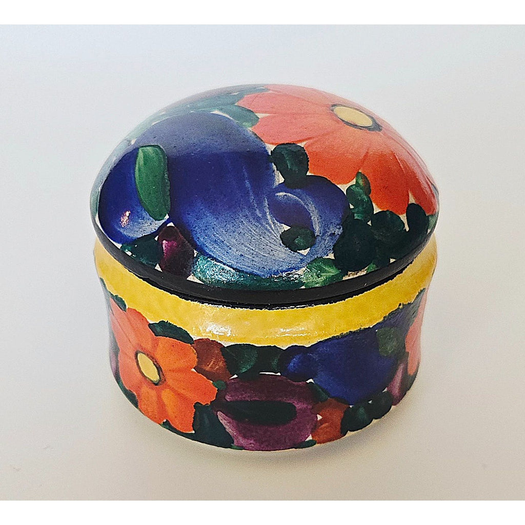 Hand-Painted Ceramic Trinket Box With Lid Peasant Ware – Floral Design – 2 In Tall x 2.5 In Diameter