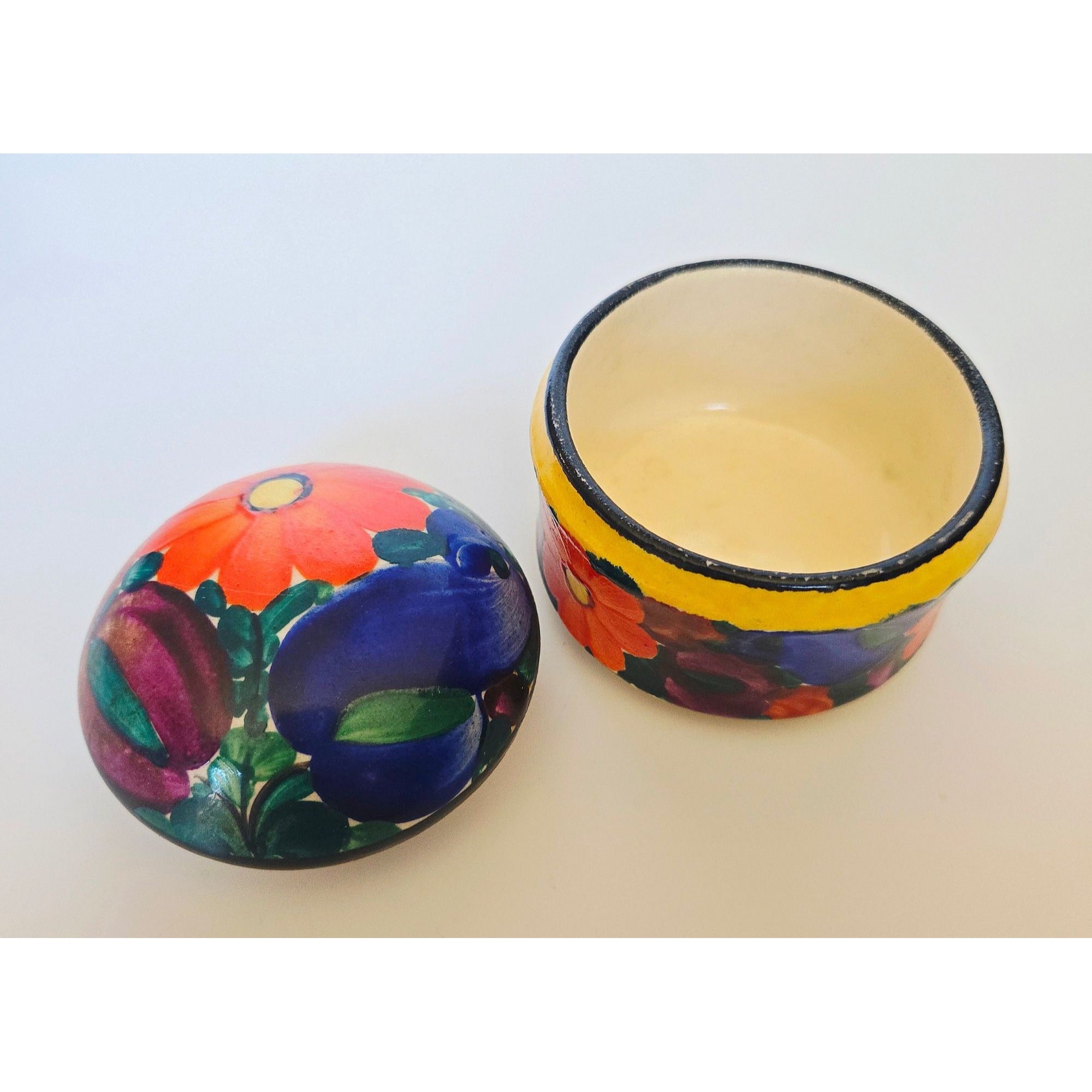 Hand-Painted Ceramic Trinket Box With Lid Peasant Ware – Floral Design – 2 In Tall x 2.5 In Diameter